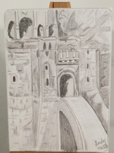 Original ACEO Sketch Card Signed Cindy - LOTR - Helms Deep Gates Pencil Sketch - Picture 1 of 3
