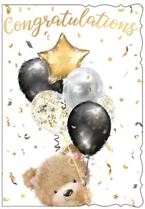 "Tarjeta de felicitación - Oso con globos y detalle de lámina de oro 7,5"" x 5,75" - Imagen 1 de 1