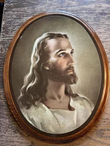 Vintage Oval Jesus Christ Portrait Wall Hanging On Wood - Picture 1 of 6