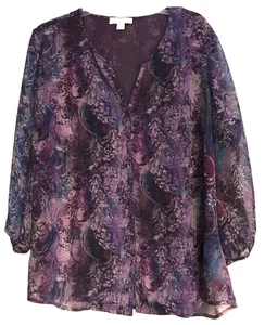 Coldwater Creek Button Up Blouse 1X 18 Lined 3/4 Sleeves Purple Split Neck - Picture 1 of 12