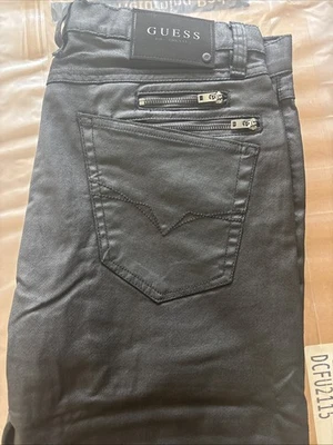 Pantalones de mezclilla recubiertos negros Guess para hombre talla 34x32 Moto cremallera delgada pierna recta ¡Bonitos!! Foto 1 de 4