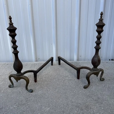 Antique Pair Of Brass & Cast Iron Andirons Queen Anne Style 18.5”” Vintage - Image 1 of 4