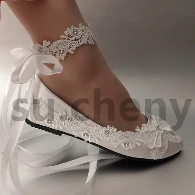 su.cheny light ivory white satin lace flat ballet Wedding shoes Bridal size 5-12 - Image 1 of 4