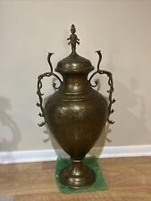 Antique Hindu Brass Engraved Urn Vase With Cobra Snake, Dragon Handles Large 34”