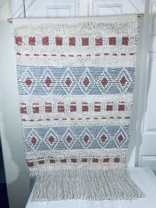 Tapestry Wall Macramé Hanging Fiber Art Coral & Gray Diamond 28" by 67 " Fringed - Picture 1 of 12
