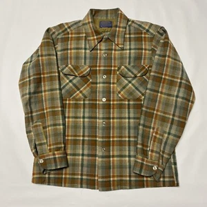 Camisa Pendleton Vintage Años 60 70 Lana Tablero Beige Cuadros Solapa Bolsillo Cuello Lazo M - Imagen 1 de 17