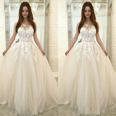 A-Line Wedding Dresses Lace Appliques Tulle Sleeveless Bridal Gowns Beach Boho - Image 1 of 4
