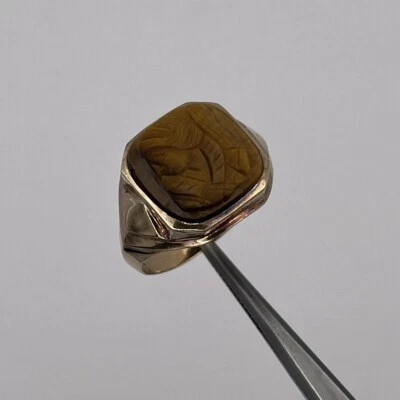 ANILLO SELLO CAMAFEO OJO DE TIGRE ORO AMARILLO 10k para hombre talla 9,25 Foto 1 de 4