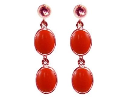 9ct Rose Gold Natural Peach Coral Oval Double Drop Dangling Studs Earrings UK - Image 1 of 4