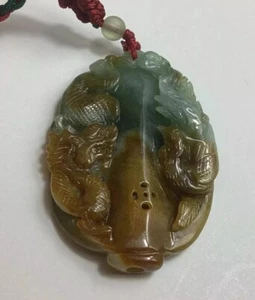 Brown Green Two Sided Jadeite Dragon & Phoenix Translucent Pendant - Picture 1 of 15