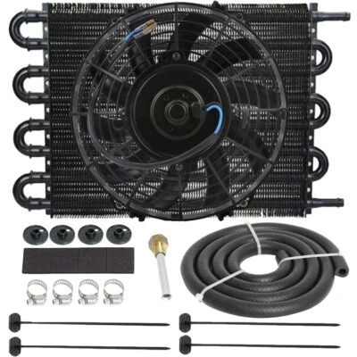 8 PASS BLACK ALUMINUM 3/8 INCH 6AN HOSE TRANSMISSION OIL COOLER ELECTRIC FAN KIT - Image 1 of 4