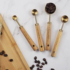 Measuring Spoon Set Wooden Handle Stainless Steel Measuring Cups Spoons UK - Picture 1 of 11