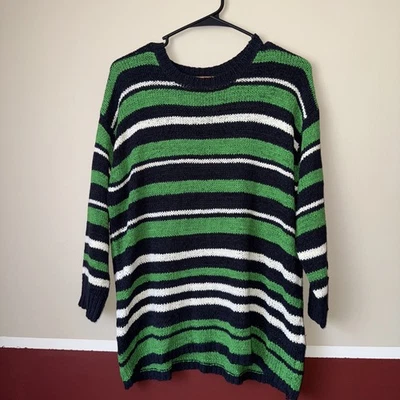 Ellen Tracy 绿色白色黑色条纹针织套衫毛衣 L 码全新!  — 第 1/4 张图片