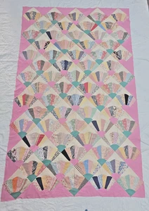 Vintage Fan quilt/Grandmother's Fan Quilts Top Hand Stitched 86x56 inches - Picture 1 of 19