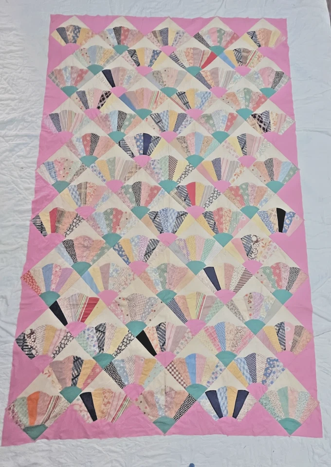 Vintage Fan quilt/Grandmother's Fan Quilts Top Hand Stitched 86x56 inches - Image 1 of 4