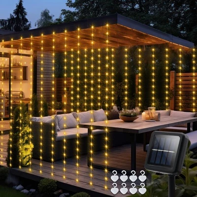 Solar Curtain Lights 7.9ft x 6ft 144 LED Outdoor Curtain Lights Waterproof wi... - Image 1 of 4
