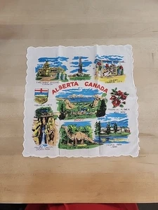 Vintage ALBERTA CANADA Colorful Graphic Scalloped Souvenir Hankie Handkerchief  - Picture 1 of 5