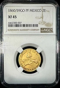 1860/59Go PF Mexico First Republic 2 Escudos Gold Coin NGC XF 45 - Picture 1 of 3