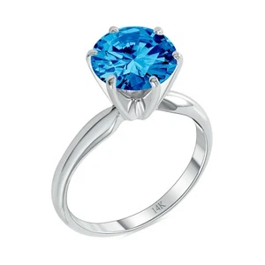 3 Ct Round Blue Solid 14K White Gold Solitaire Engagement Wedding Promise Ring - Bild 1 von 3
