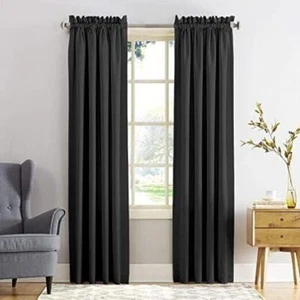 Sun Zero Barrow Energy Efficient Rod Pocket Curtain Single Panel, 54" x 84", Blk - Picture 1 of 2