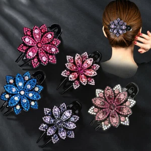 Rhinestone Hairpin Crystal Flower Duckbill Hair Clip Claw Grip Elegant Barrettes - Picture 1 of 22