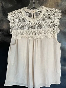 E&M Women's Sleeveless Ivory Lace Neckline Keyhole Back Shirt Top L - Picture 1 of 5