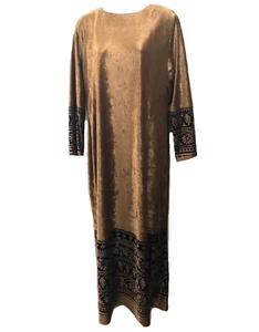 Ruth Norman Neiman Marcus Rayon Velour Blend Brown + Black exotic Maxi caftan M - Picture 1 of 7