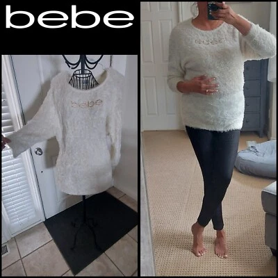 Bebe long fuzzy ivory sweater. Size large - Image 1 of 4