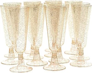 100 Elegant Plastic Champagne Glasses Flutes with Gold Glitter for Parties - Picture 1 of 11
