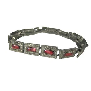 Bracelet 7  In Silvertone Vintage 1970 1980 Red Plastic Panel Tennis Delicate - Picture 1 of 7