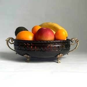 Vintage Metal Brown Fruit Basket Oval with Brass Gold Handles & Raised Feet 14" - Picture 1 of 5