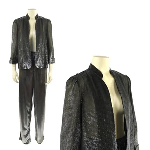 Vintage 80s Black + Silver Metallic Lame Open Disco Jacket Pants Dress Set L - Picture 1 of 12