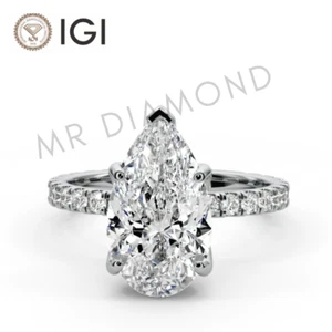 IGI 3.50 CT F VS2 Pear Cut Lab Grown Diamond Engagement Ring 14K White Gold - Picture 1 of 11