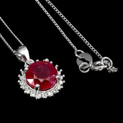925 Sterling Silver Necklace Round Ruby 8mm Simulated Cz Gemstone Jewelry - Image 1 of 4