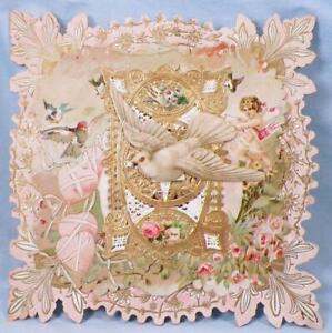 Carte Valentin Cupidon colombe or napperon fleurs découpées sous la matrice origine enveloppe antique #36