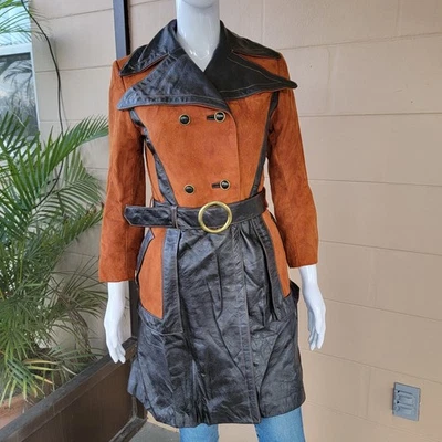 Винтажный сожжен оранжевый замши и черной кожи пальто Midi женщин размер 6 - Изображение 1 из 4