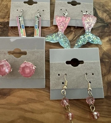 Lot Of 4 Pairs Earrings Dangle Mermaid Pink Beaded Enameled & Crystal Studs - Image 1 of 4