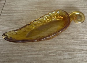 Blown MCM Amber Yellow Art Glass Leaf Bowl Table Decor Murano Style Trinket Dish - Picture 1 of 9