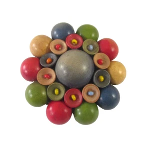 Vintage CZECH MULTI COLOR WOOD BEADED PIN BROOCH 2" - Picture 1 of 8