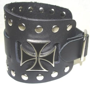 Wide Black Leather Watch Band With Iron Maltese Cross Made in USA Buckle Closure - Picture 1 of 4