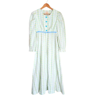 Maxi Vestido Pradera Hecho a Mano Años 70 De Colección Rosas Floral Seersucker Cottagecore Foto 1 de 4