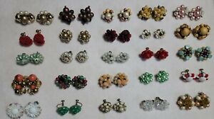 Vintage beaded cluster button earring lot 25 pairs clip on & Screw Backs