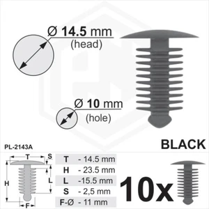 10x Black Plastic Fir Tree Trim Clips 10mm Hole, 14.5mm Head Car Vehicle Fixings - Picture 1 of 2