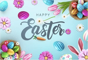 EASTER EGGS BUNNY EARS TULIP DAISY PERSONALISED PARTY BANNER BACKDROP DECORATION - Picture 1 of 4