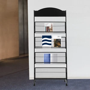 4-Tier Metal Wheeled Magazine Book Rack Newspaper Brochure Storage Display Stand - Picture 1 of 17