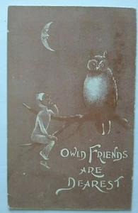 Fantasy Halloween Postcard Pixie Imp & Owl  Friends Are Dearest Unused Sepia - Picture 1 of 5