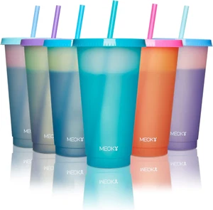 Meoky Plastic Cups with Lids and Straws - 12 Pack 24 oz Color Changing Cups with - Picture 1 of 12