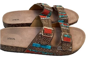 Women's 10/EU 42 Zara Beaded Slides Adjustable Buckle Straps Cork / Suede Sole - Picture 1 of 11