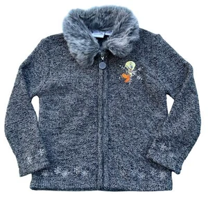 VTG Warner Bros. Sweater Girls 6/6X Full Zip Tweety Bird Gray Metallic Faux Fur - Picture 1 of 9