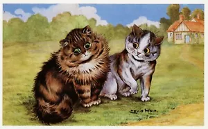 Louis Wain Druck PERSERKATZE UND CALICO KATZE IM HOF lustige Katze Illustration Kunst - Bild 1 von 3